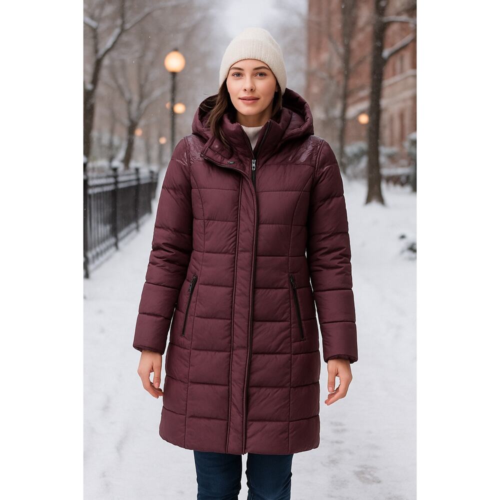 Bernardo Plum Long Puffer Coat Women’s Quilted Hooded Winter Jacket Glossy Trim